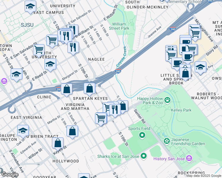 map of restaurants, bars, coffee shops, grocery stores, and more near 516 Martha Street in San Jose