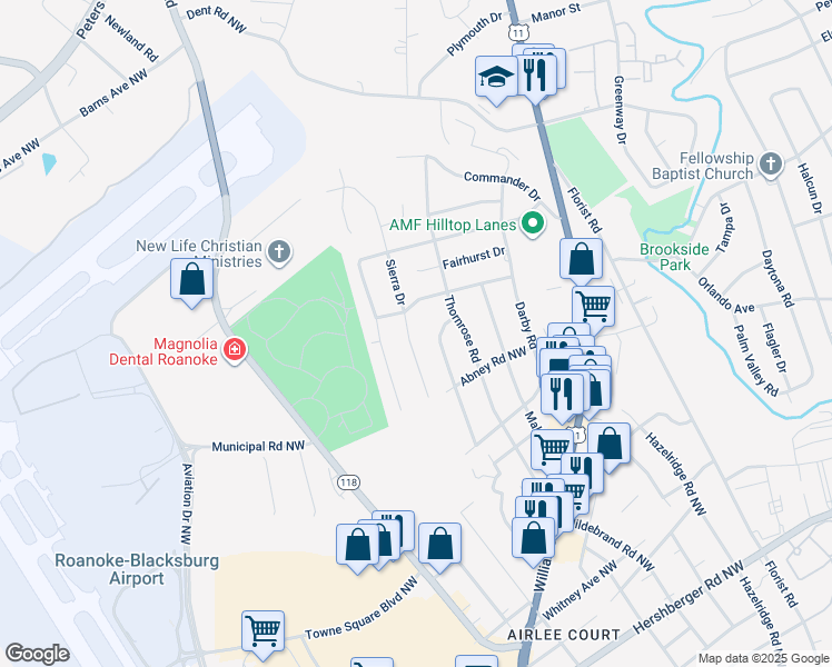 map of restaurants, bars, coffee shops, grocery stores, and more near 5763 Sierra Drive in Roanoke