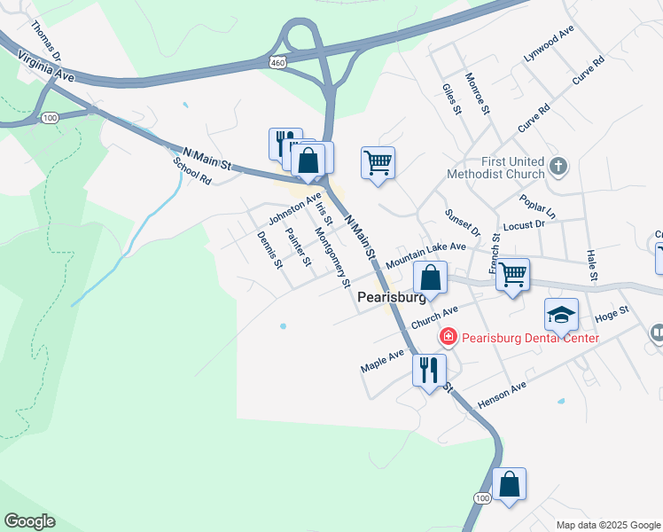 map of restaurants, bars, coffee shops, grocery stores, and more near 302 Hobson Avenue in Pearisburg