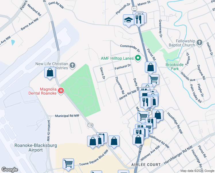map of restaurants, bars, coffee shops, grocery stores, and more near 5763 Sierra Drive in Roanoke