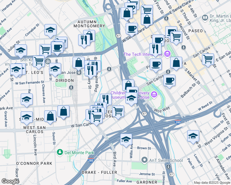 map of restaurants, bars, coffee shops, grocery stores, and more near in San Jose