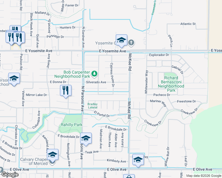 map of restaurants, bars, coffee shops, grocery stores, and more near 3437 Cypress Point Drive in Merced