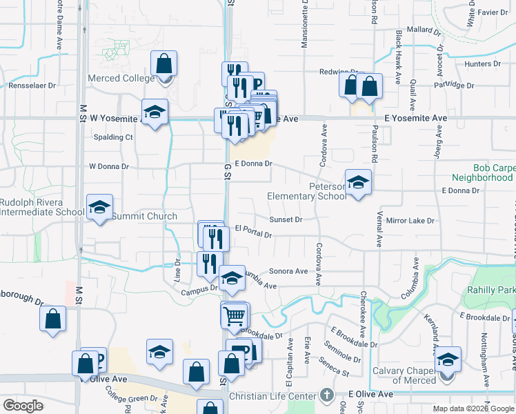 map of restaurants, bars, coffee shops, grocery stores, and more near 3514 Oakhurst Avenue in Merced