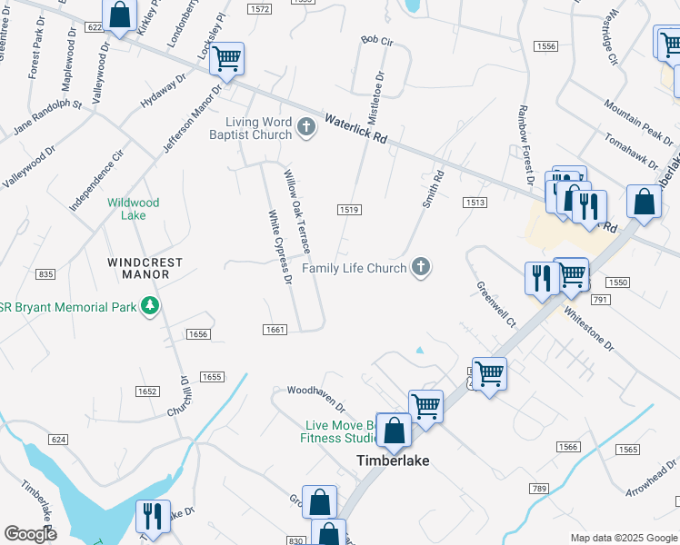 map of restaurants, bars, coffee shops, grocery stores, and more near 370 Barbour Drive in Forest