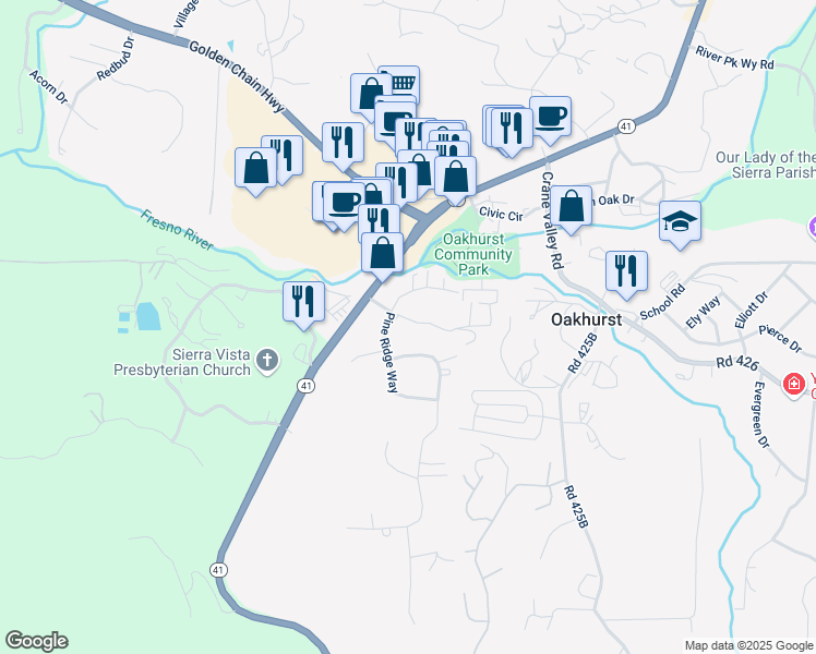 map of restaurants, bars, coffee shops, grocery stores, and more near 48860 Royal Oaks Drive in Oakhurst