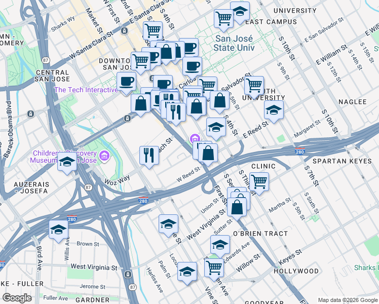 map of restaurants, bars, coffee shops, grocery stores, and more near 525 South Market Street in San Jose