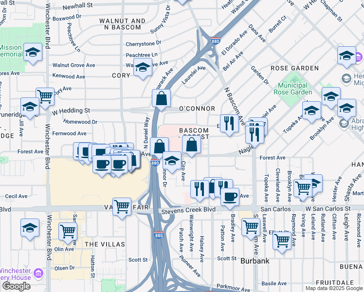 map of restaurants, bars, coffee shops, grocery stores, and more near 2105 Forest Avenue in San Jose