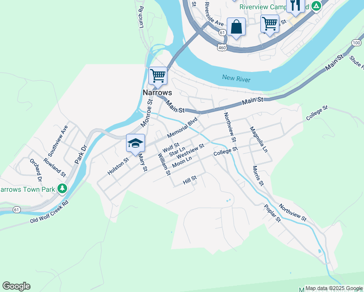 map of restaurants, bars, coffee shops, grocery stores, and more near 704 Wolf Street in Narrows