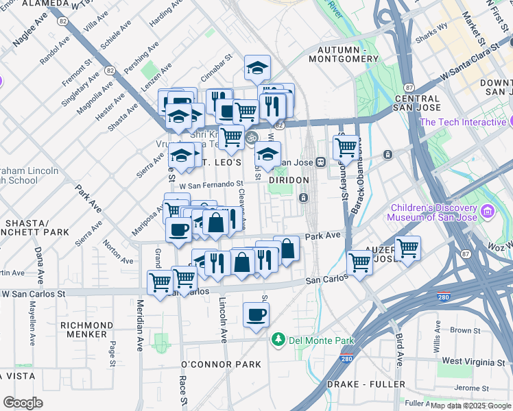 map of restaurants, bars, coffee shops, grocery stores, and more near 157 Sunol Street in San Jose