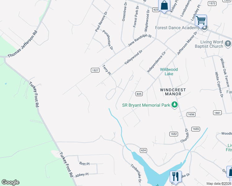 map of restaurants, bars, coffee shops, grocery stores, and more near 202 Goose Hollow Drive in Forest