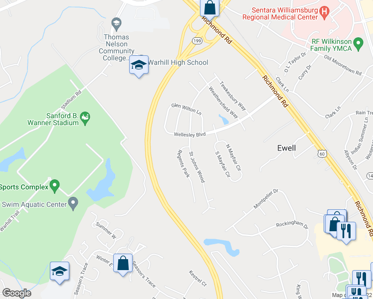 map of restaurants, bars, coffee shops, grocery stores, and more near 6216 Saint Johns Wood in Williamsburg