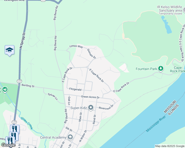 map of restaurants, bars, coffee shops, grocery stores, and more near 315 East Cape Rock Drive in Cape Girardeau