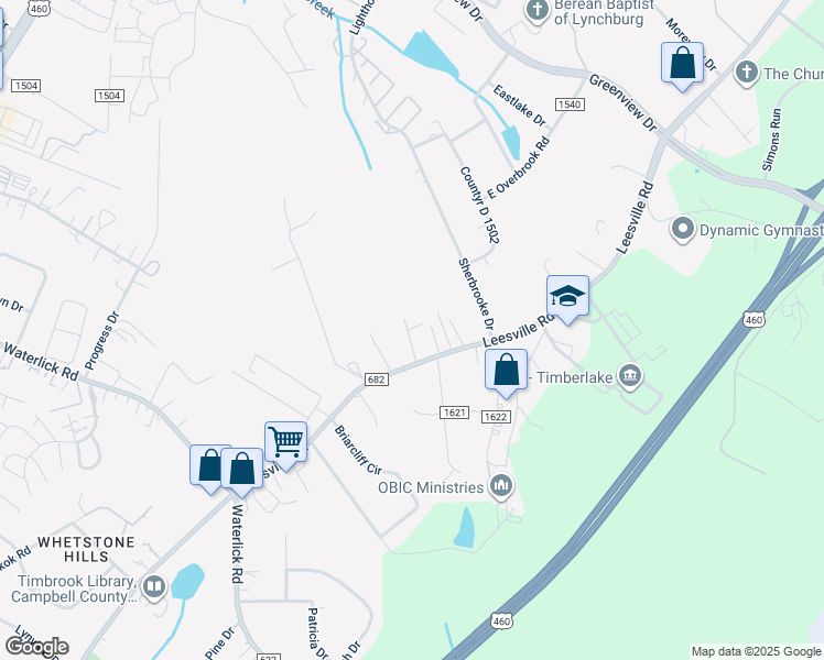 map of restaurants, bars, coffee shops, grocery stores, and more near 67 Lynx Drive in Lynchburg