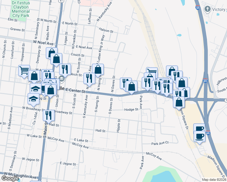 map of restaurants, bars, coffee shops, grocery stores, and more near 473 East Center Street in Madisonville