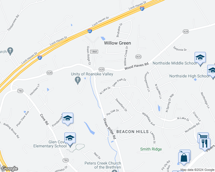 map of restaurants, bars, coffee shops, grocery stores, and more near 5619 North Lake Drive in Roanoke