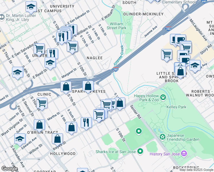 map of restaurants, bars, coffee shops, grocery stores, and more near 516 Martha Street in San Jose