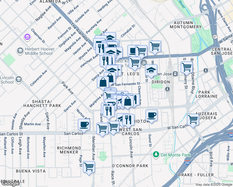 map of restaurants, bars, coffee shops, grocery stores, and more near in San Jose