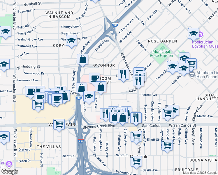 map of restaurants, bars, coffee shops, grocery stores, and more near 2081 Forest Avenue in San Jose