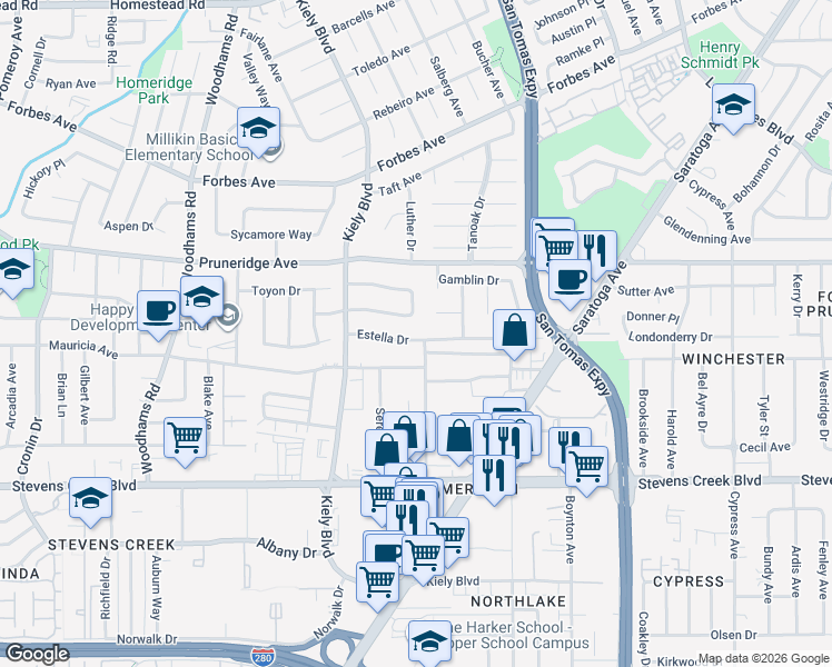 map of restaurants, bars, coffee shops, grocery stores, and more near 2726 Estella Drive in Santa Clara