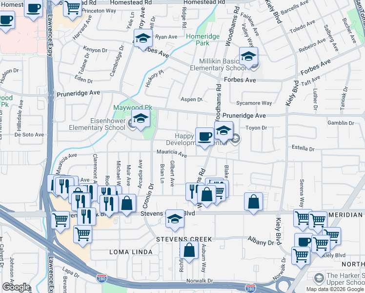 map of restaurants, bars, coffee shops, grocery stores, and more near 3119 Mauricia Avenue in Santa Clara