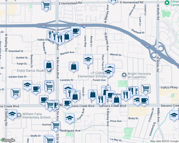 map of restaurants, bars, coffee shops, grocery stores, and more near 10338 Vista Drive in Cupertino