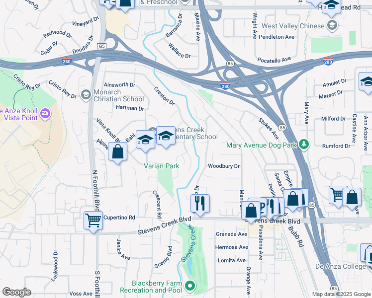 map of restaurants, bars, coffee shops, grocery stores, and more near 10310 Stonydale Drive in Cupertino