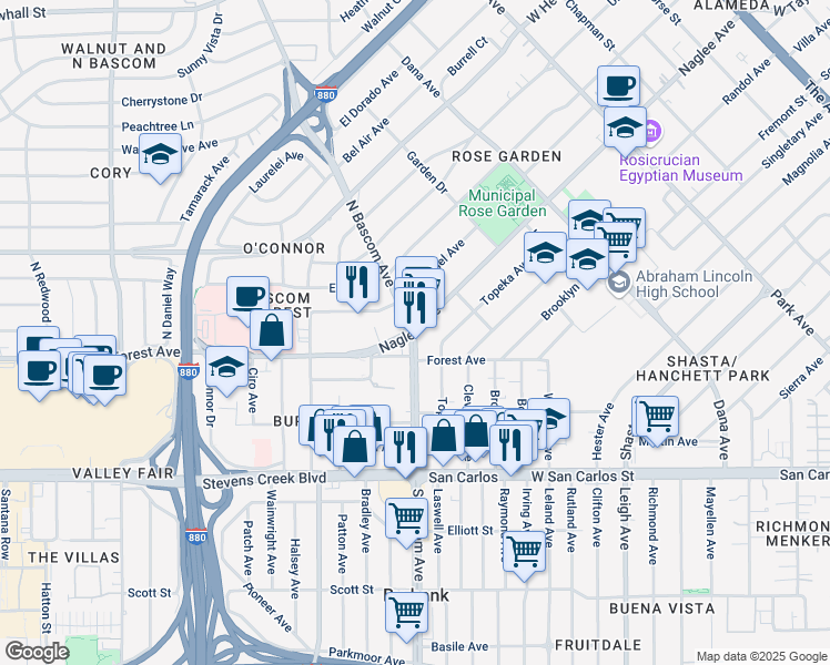map of restaurants, bars, coffee shops, grocery stores, and more near N Bascom Ave & Naglee Ave in San Jose