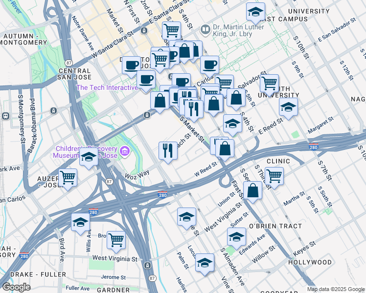 map of restaurants, bars, coffee shops, grocery stores, and more near 138 Balbach Street in San Jose