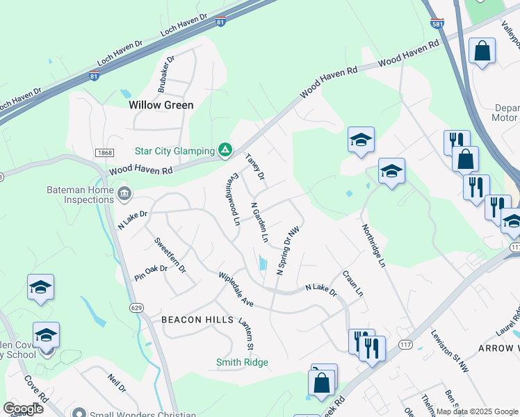 map of restaurants, bars, coffee shops, grocery stores, and more near 5247 Summer Drive in Roanoke