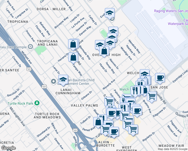 map of restaurants, bars, coffee shops, grocery stores, and more near 2095 Orlando Drive in San Jose