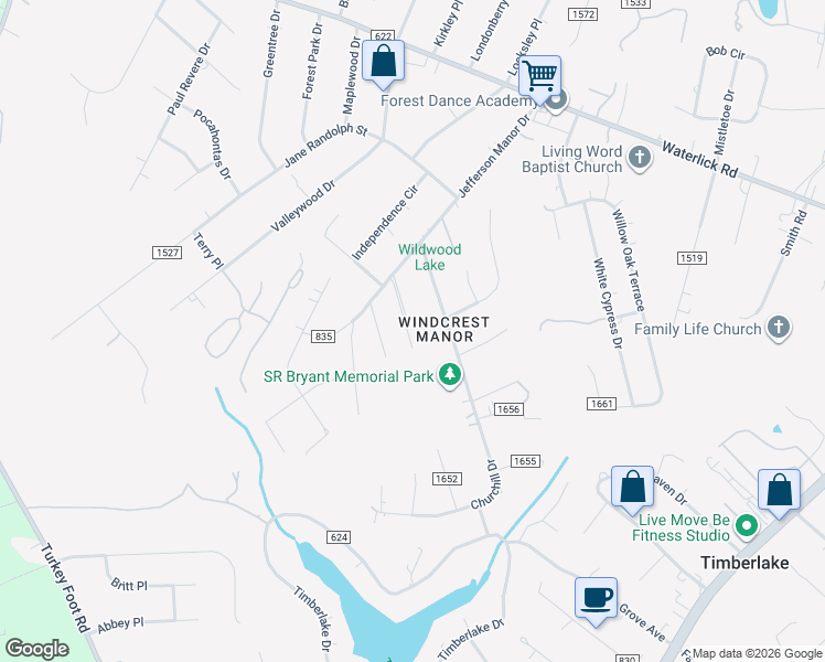 map of restaurants, bars, coffee shops, grocery stores, and more near 500 Jefferson Manor Drive in Forest