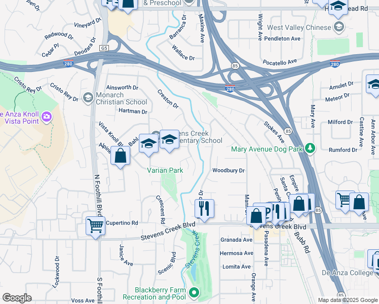 map of restaurants, bars, coffee shops, grocery stores, and more near 10310 Stonydale Drive in Cupertino