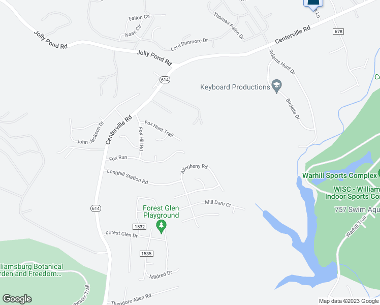 map of restaurants, bars, coffee shops, grocery stores, and more near 3884 Fox Run in Williamsburg