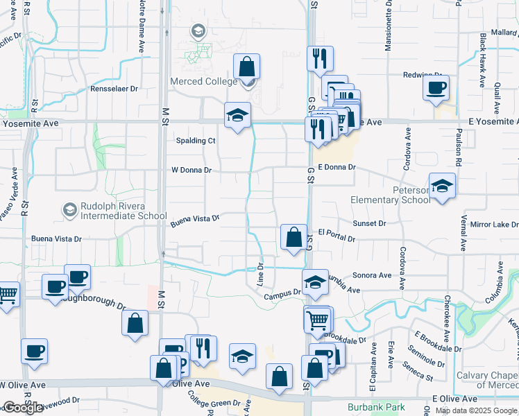 map of restaurants, bars, coffee shops, grocery stores, and more near 345 Buena Vista Court in Merced
