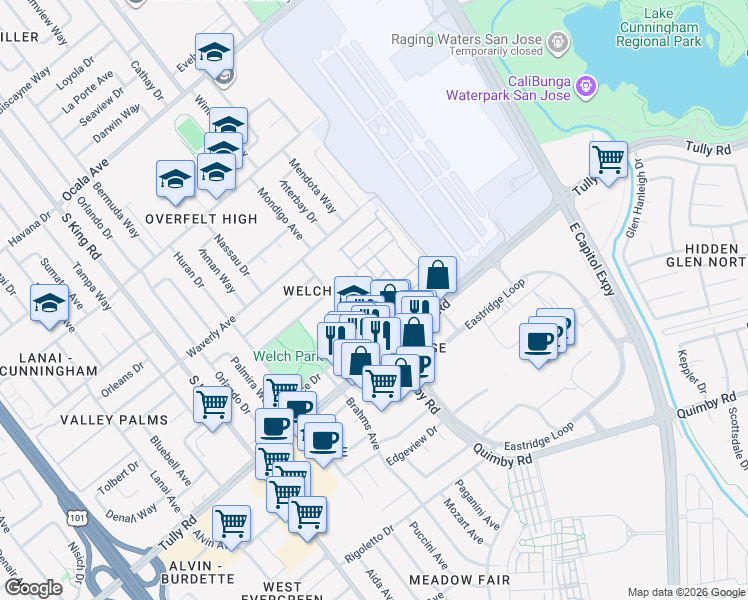 map of restaurants, bars, coffee shops, grocery stores, and more near 1732 Quimby Road in San Jose