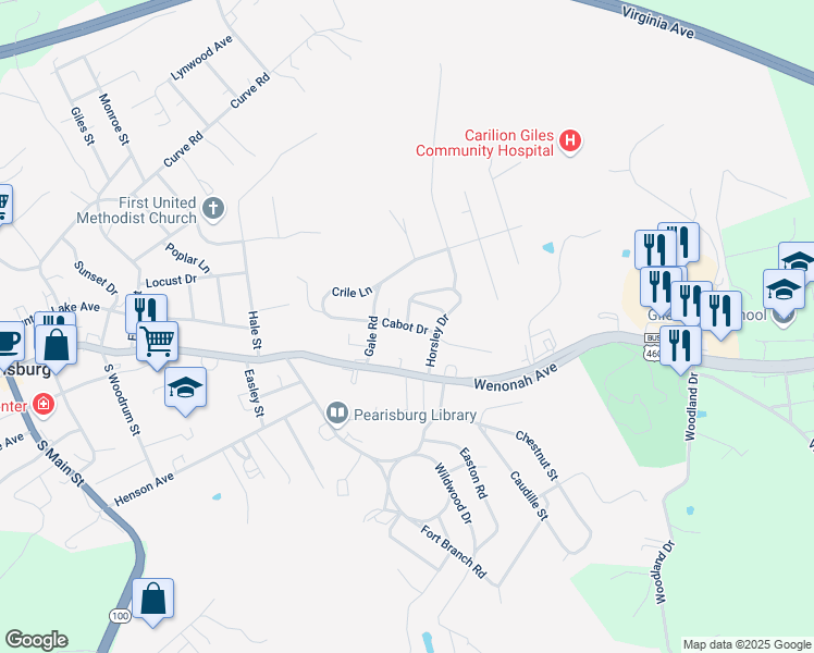 map of restaurants, bars, coffee shops, grocery stores, and more near 1408 Cabot Drive in Pearisburg