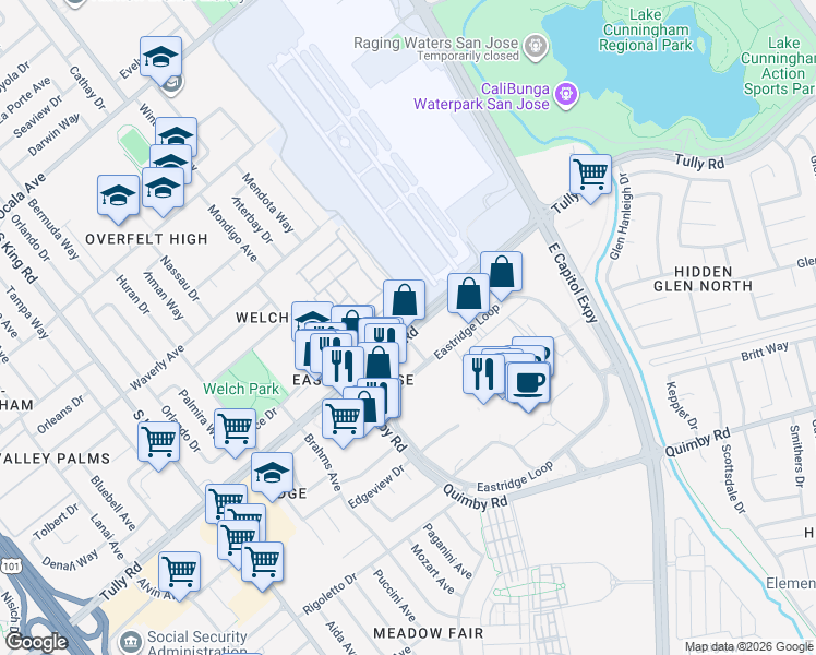 map of restaurants, bars, coffee shops, grocery stores, and more near 2143 Tully Road in San Jose