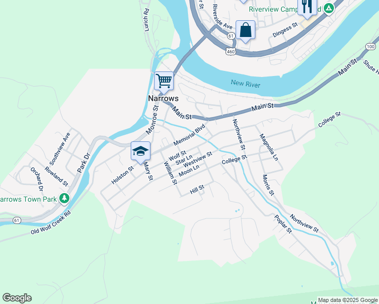map of restaurants, bars, coffee shops, grocery stores, and more near 704 Wolf Street in Narrows