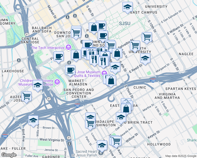 map of restaurants, bars, coffee shops, grocery stores, and more near 505 South Market Street in San Jose