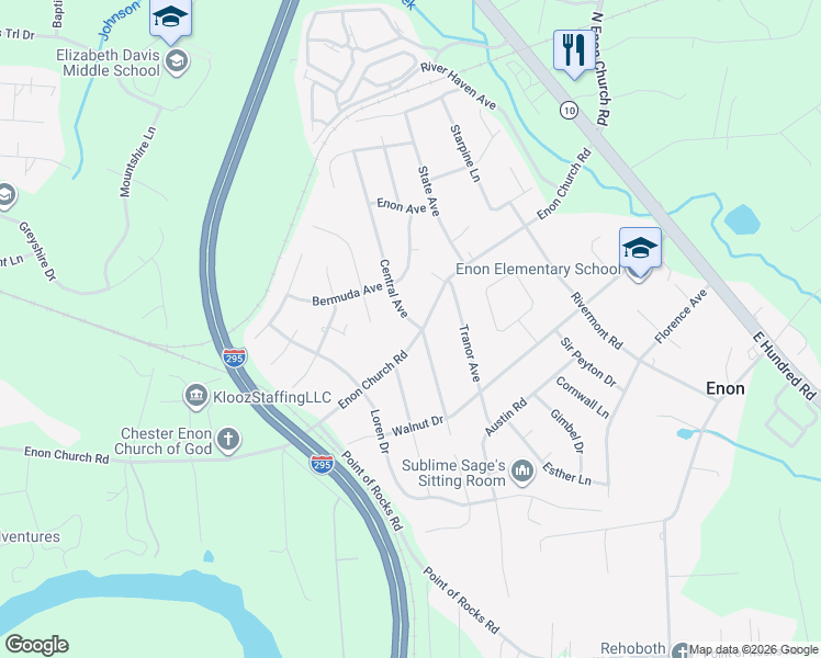 map of restaurants, bars, coffee shops, grocery stores, and more near 1308 Enon Church Road in Chester