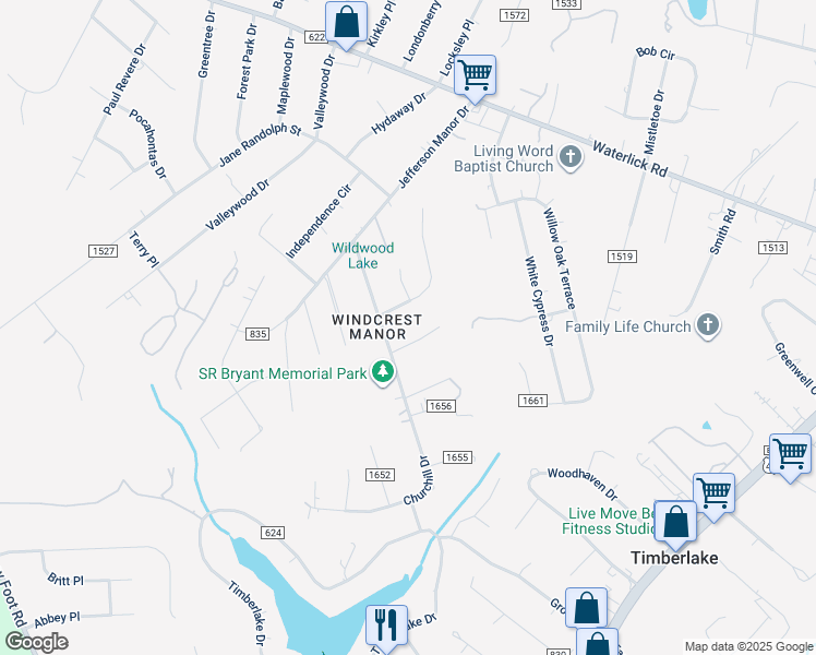 map of restaurants, bars, coffee shops, grocery stores, and more near 58 Little Ryan Lane in Forest