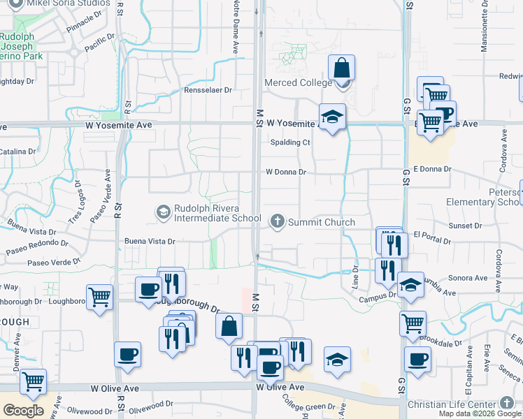 map of restaurants, bars, coffee shops, grocery stores, and more near 592 Kathryn Court in Merced