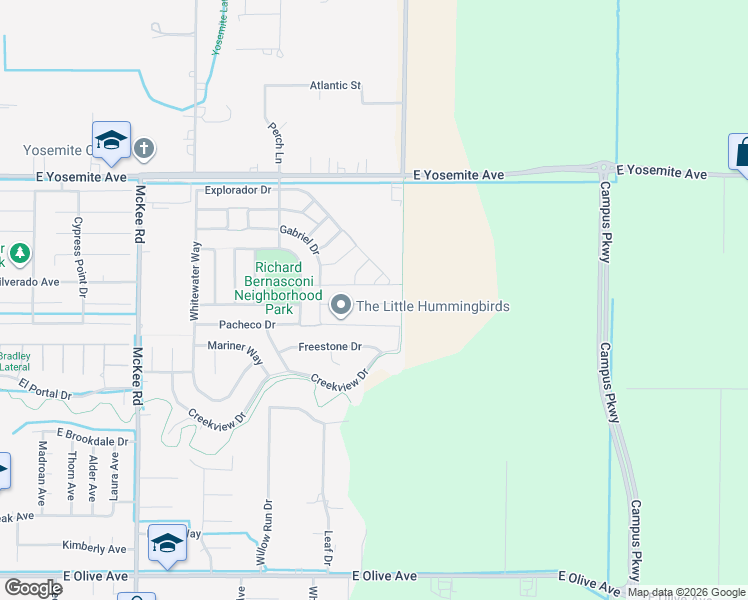 map of restaurants, bars, coffee shops, grocery stores, and more near 2479 Bastidas Drive in Merced