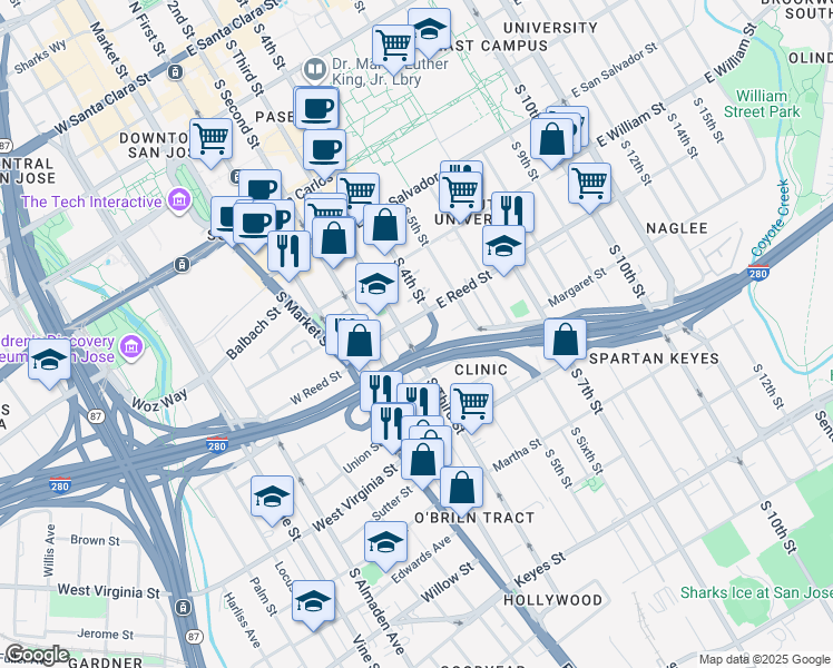 map of restaurants, bars, coffee shops, grocery stores, and more near 630 South 3rd Street in San Jose