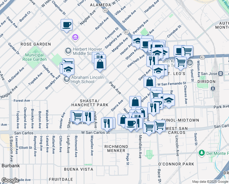 map of restaurants, bars, coffee shops, grocery stores, and more near 1259 Park Avenue in San Jose