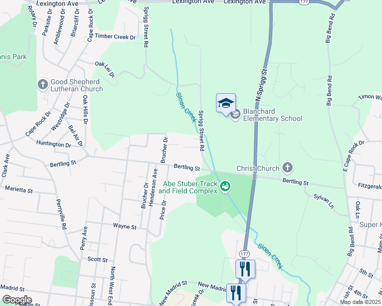 map of restaurants, bars, coffee shops, grocery stores, and more near 1733 Sprigg Street Road in Cape Girardeau