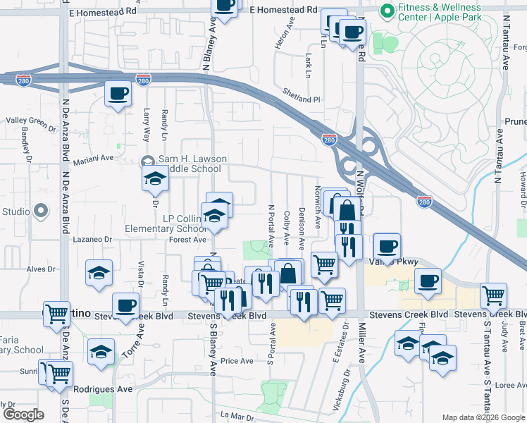 map of restaurants, bars, coffee shops, grocery stores, and more near 10299 North Portal Avenue in Cupertino