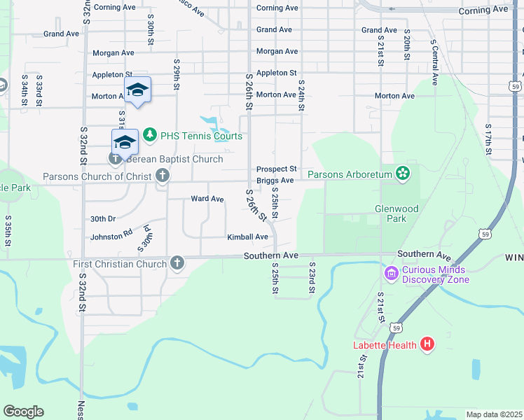 map of restaurants, bars, coffee shops, grocery stores, and more near 2418 Cardinal Lane in Parsons