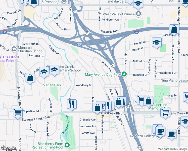 map of restaurants, bars, coffee shops, grocery stores, and more near 10350 Mann Drive in Cupertino