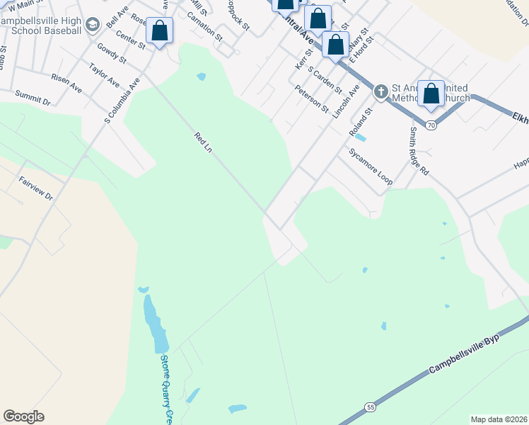 map of restaurants, bars, coffee shops, grocery stores, and more near 500 Stone Quarry Road in Campbellsville
